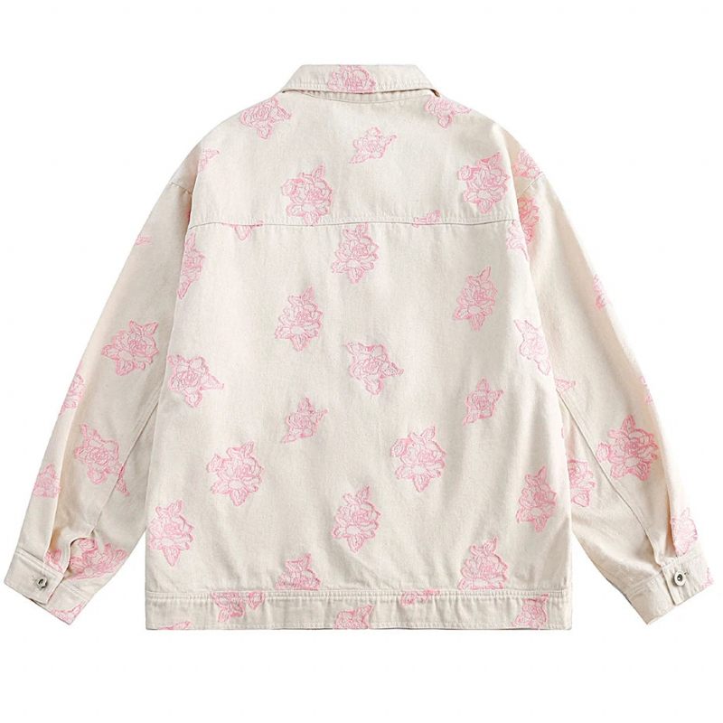 Män Jacka Rose Broderi Jeansjacka Streetwear Kappa För Man - Vit