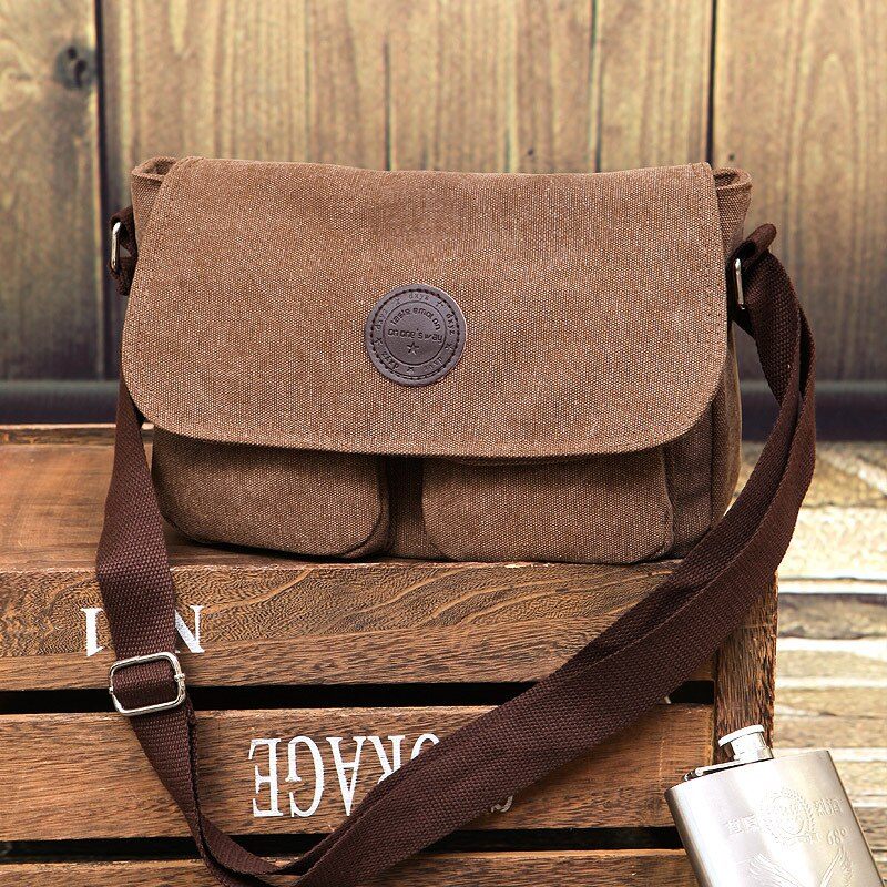 Män Messenger Bags Canvas Axelväska Casual Style Satchels Solid Crossbody Bag Retro Small - Svart