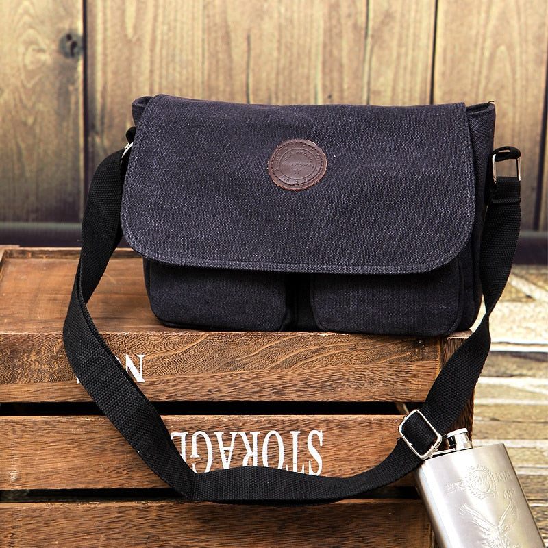 Män Messenger Bags Canvas Axelväska Casual Style Satchels Solid Crossbody Bag Retro Small - Svart