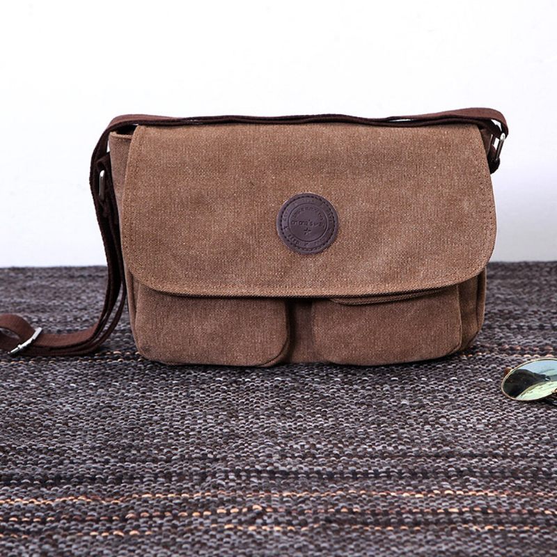 Män Messenger Bags Canvas Axelväska Casual Style Satchels Solid Crossbody Bag Retro Small - Svart