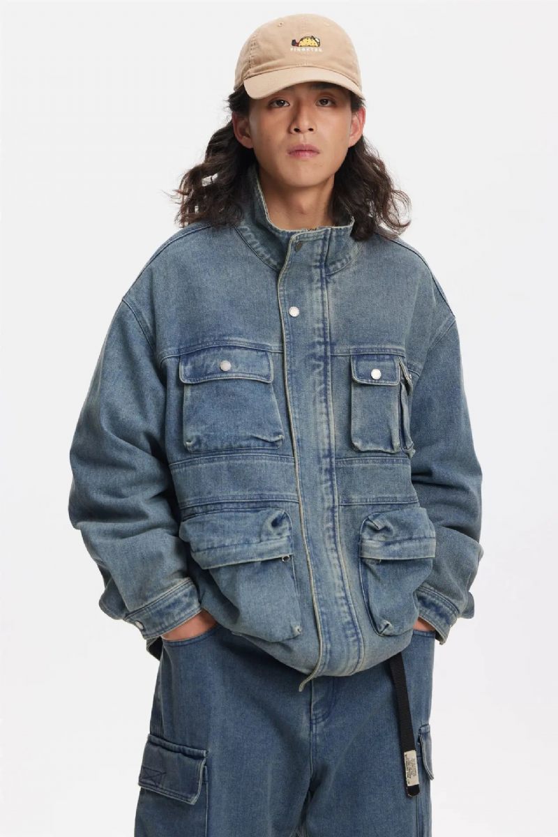 Män Nödställda Multi-pocket Stand Collar Denim Jacka Ungdom Lös Casual