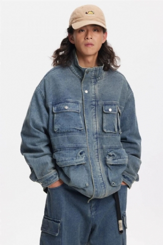 Män Nödställda Multi-pocket Stand Collar Denim Jacka Ungdom Lös Casual