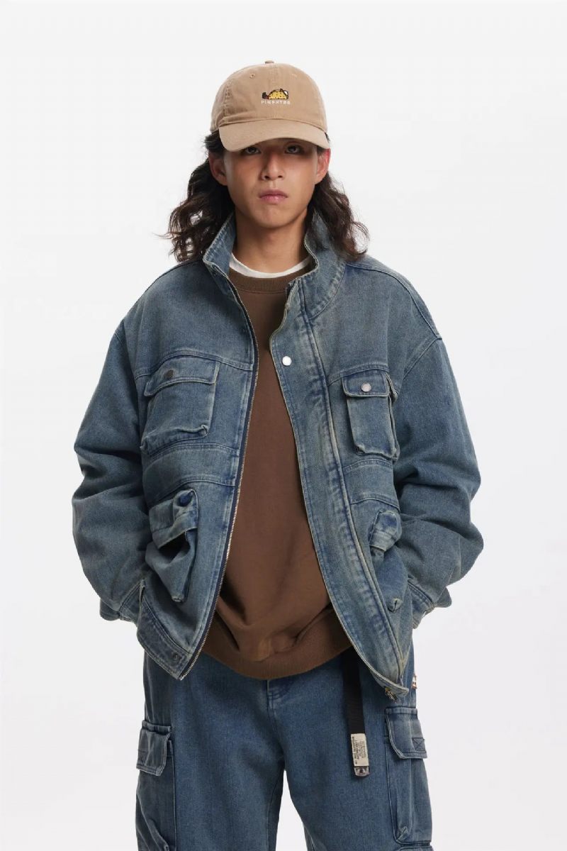 Män Nödställda Multi-pocket Stand Collar Denim Jacka Ungdom Lös Casual - Blå