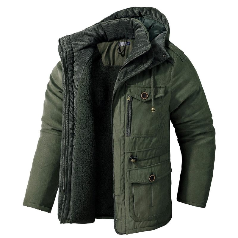 Män Tjocka Varma Vinterparkasrockar Casual Fleece Vadderade Innerjackor Vindjacka Huva Usa-storlek Militärarmélastkläder - Army Green