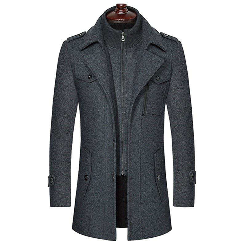 Män Vinter Varma Yllerockar Thicken Casual Jackor Slim Fit Long Section Windbreaker Trench Pea Coat - Svart