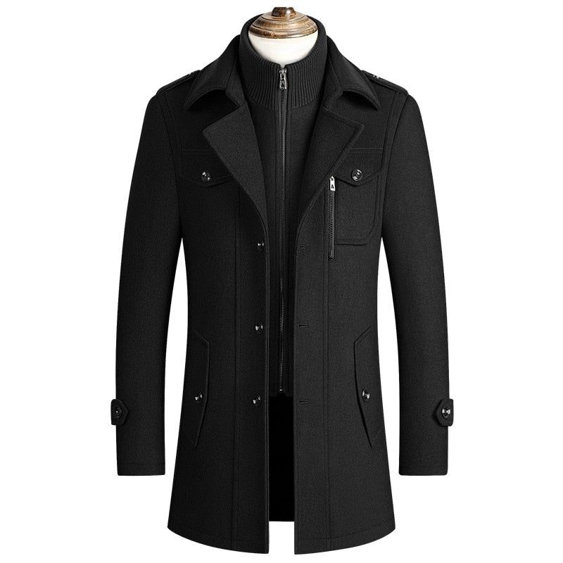 Män Vinter Varma Yllerockar Thicken Casual Jackor Slim Fit Long Section Windbreaker Trench Pea Coat - Svart