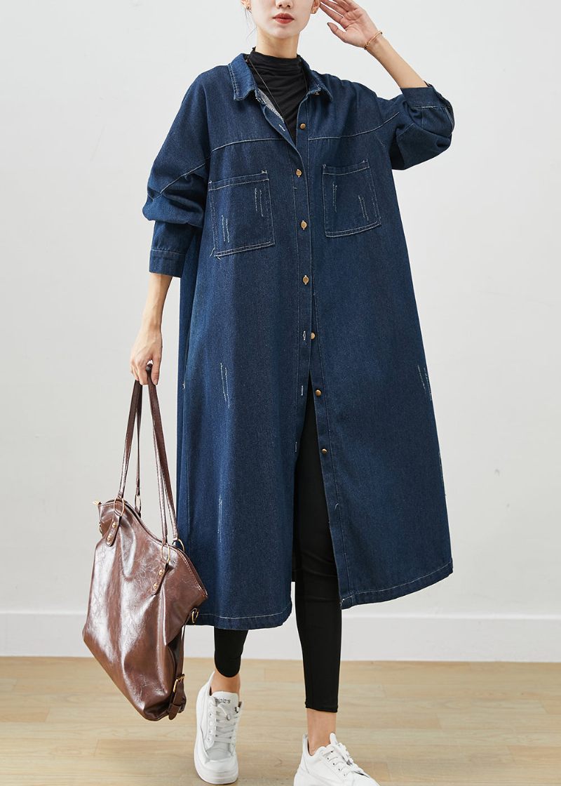 Marinblå Denim Trench Coats Överdimensionerade Fickor Fall