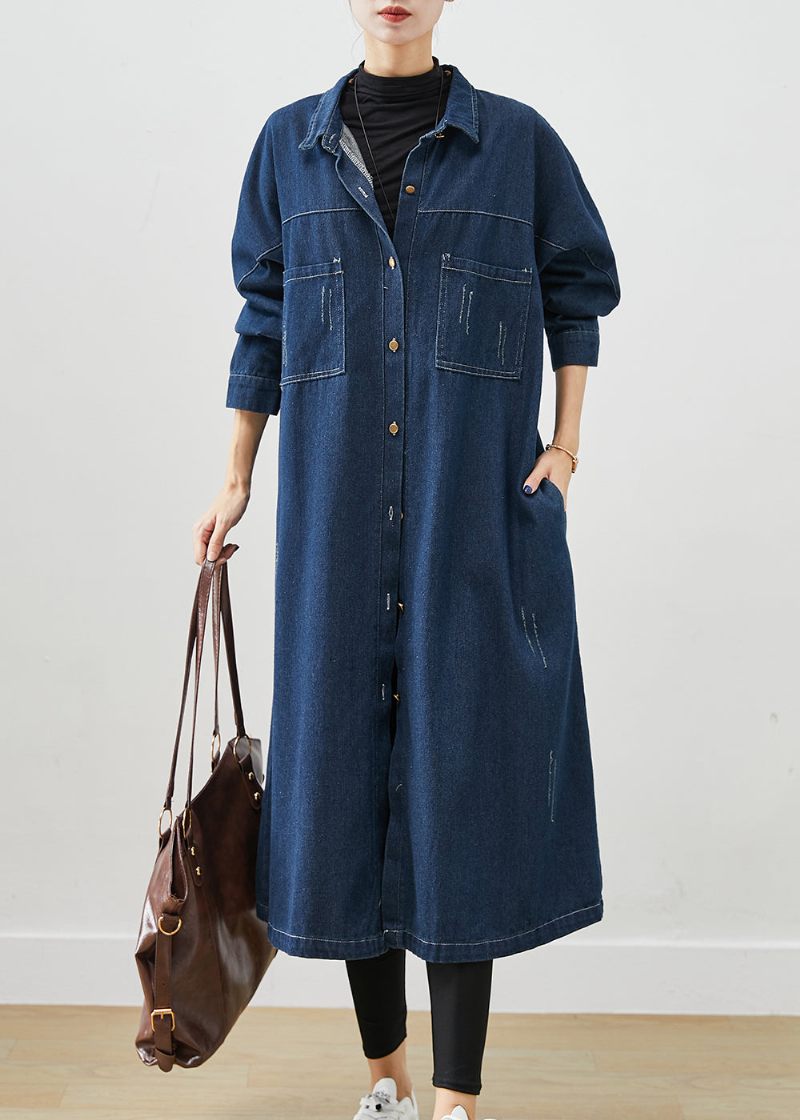 Marinblå Denim Trench Coats Överdimensionerade Fickor Fall - Trenchcoats för kvinnor