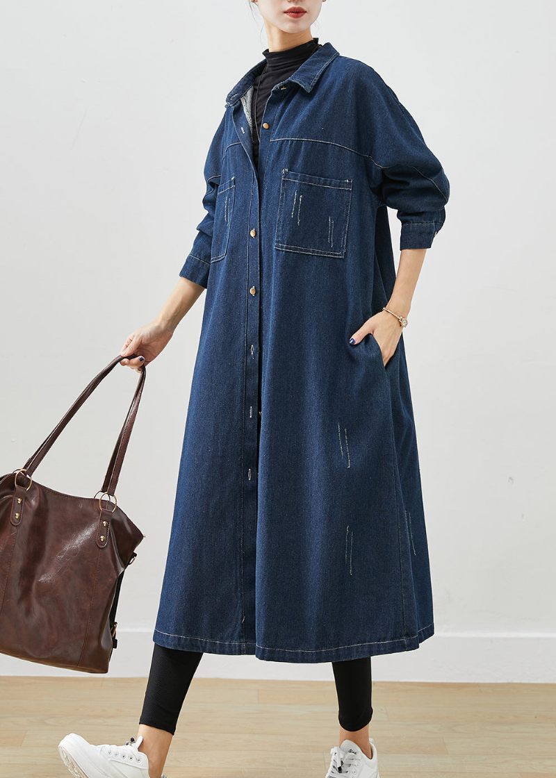 Marinblå Denim Trench Coats Överdimensionerade Fickor Fall - Trenchcoats för kvinnor