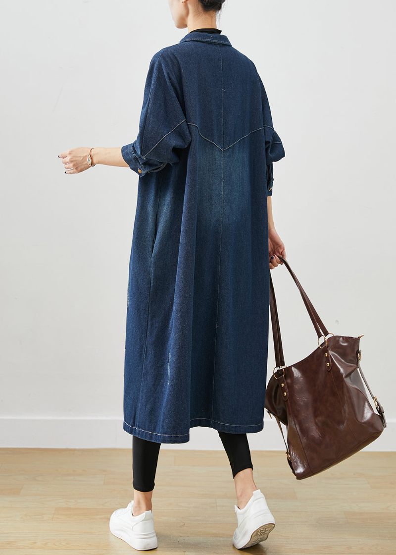 Marinblå Denim Trench Coats Överdimensionerade Fickor Fall - Trenchcoats för kvinnor