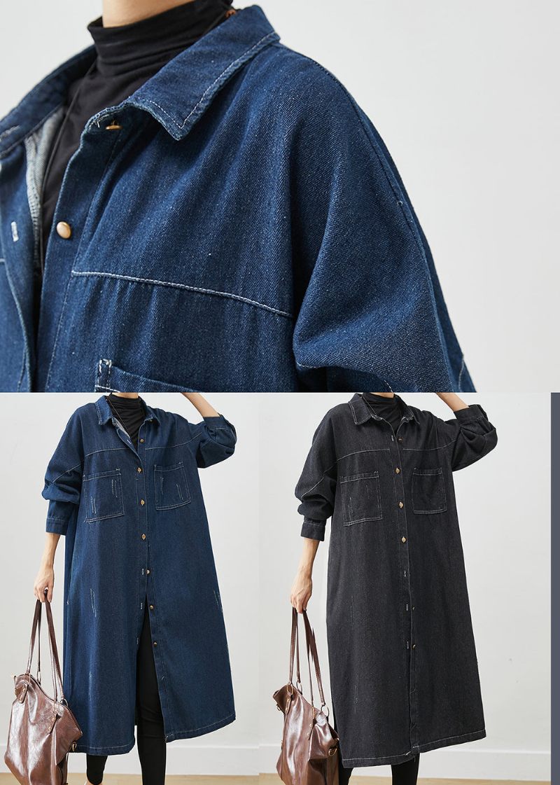 Marinblå Denim Trench Coats Överdimensionerade Fickor Fall - Trenchcoats för kvinnor