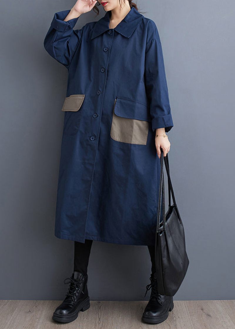 Marinblå Fickor Button Cotton Trench Peter Pan Krage Fall