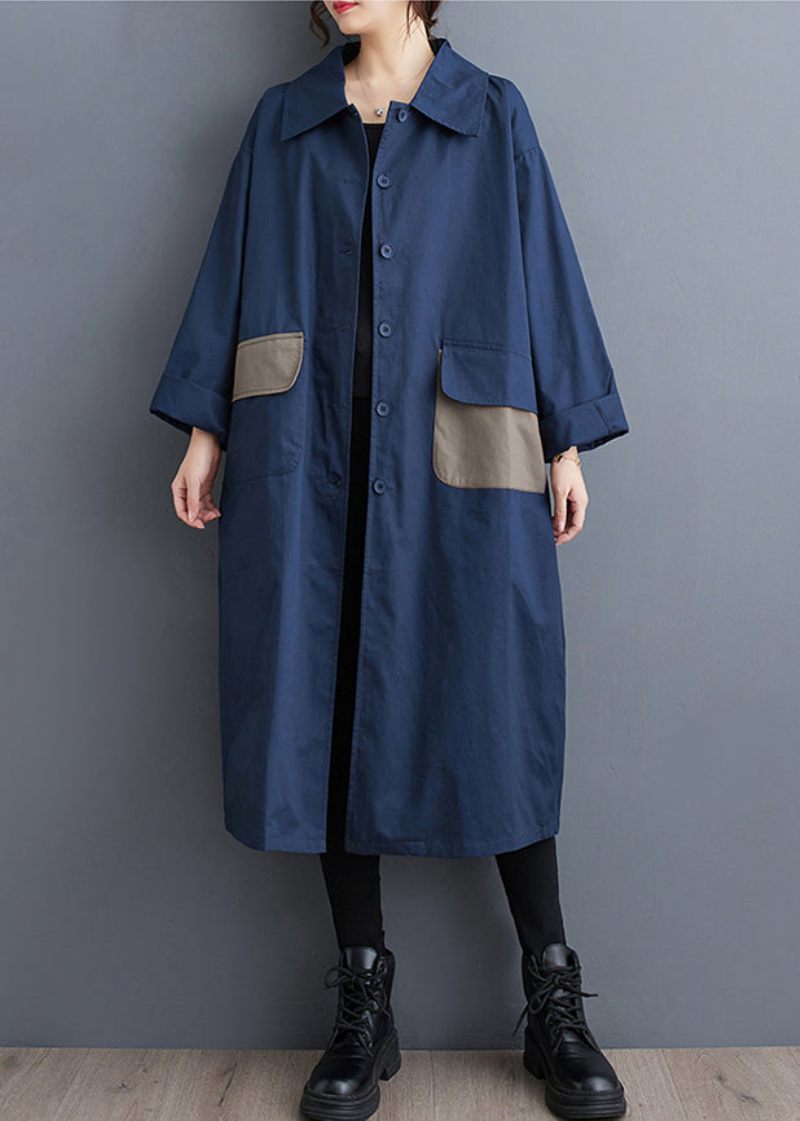 Marinblå Fickor Button Cotton Trench Peter Pan Krage Fall - Vinterkappor för kvinnor