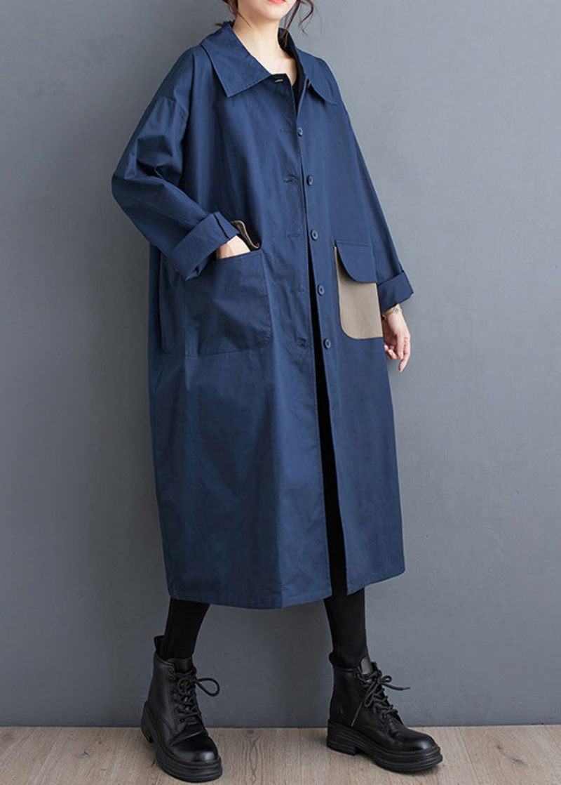 Marinblå Fickor Button Cotton Trench Peter Pan Krage Fall - Vinterkappor för kvinnor