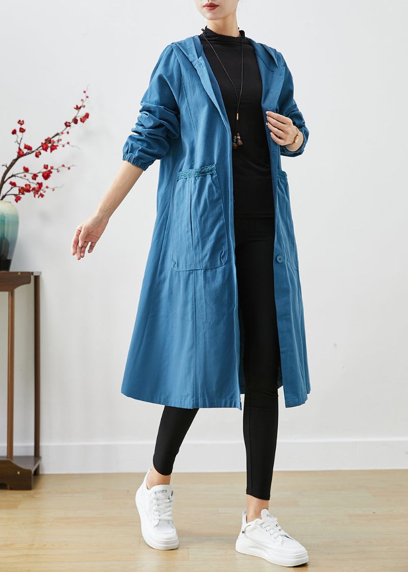 Marinblå Oversized Cotton Jacka Hooded Pockets Fall