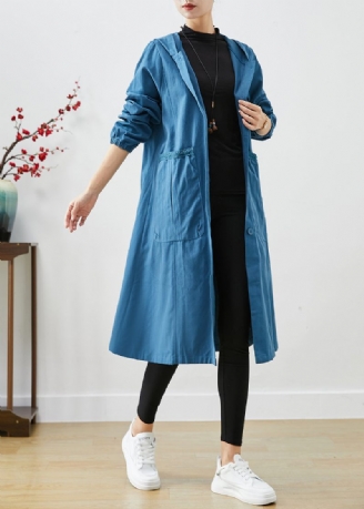 Marinblå Oversized Cotton Jacka Hooded Pockets Fall