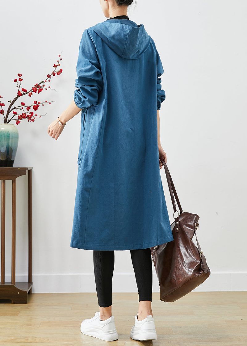 Marinblå Oversized Cotton Jacka Hooded Pockets Fall - Trenchcoats för kvinnor