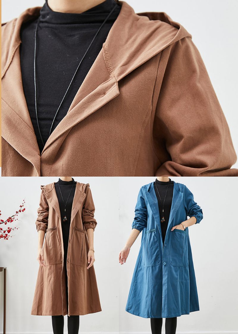 Marinblå Oversized Cotton Jacka Hooded Pockets Fall - Trenchcoats för kvinnor