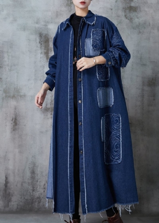 Marinblå Patchwork Applikation Denim Trench Oversized Fjäder