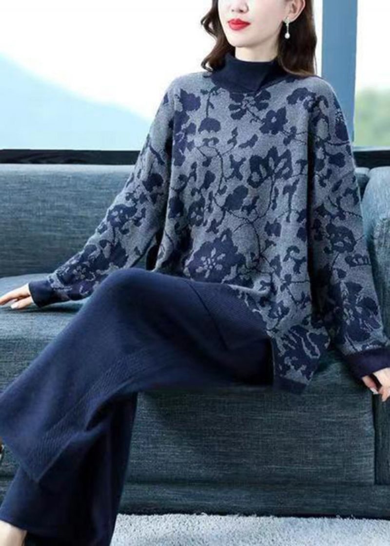 Marinblå Print Patchwork Woolen Tvådelad Kostym Set Asymmetrisk Fall - Ullrockar för kvinnor