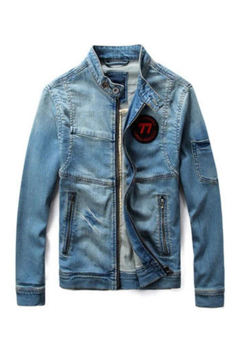 Men Jean Jacket Motorcykel Vintage Stand Collar Jeansjacka