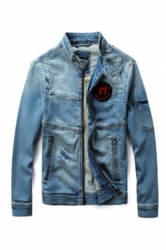 Men Jean Jacket Motorcykel Vintage Stand Collar Jeansjacka