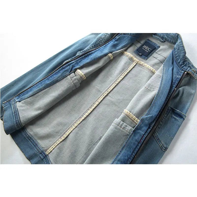 Men Jean Jacket Motorcykel Vintage Stand Collar Jeansjacka - Blå