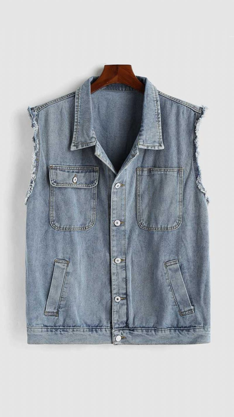 Men Tooling Jean Vest Streetwear Ärmlös Cargo Väst Solid Turn-down Krage Jacka Gilet Jeansväst Med Fickor