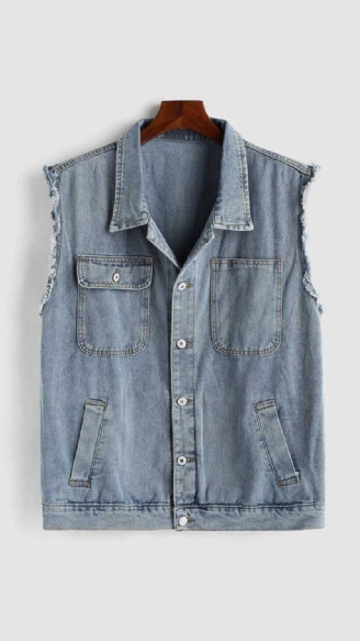 Men Tooling Jean Vest Streetwear Ärmlös Cargo Väst Solid Turn-down Krage Jacka Gilet Jeansväst Med Fickor