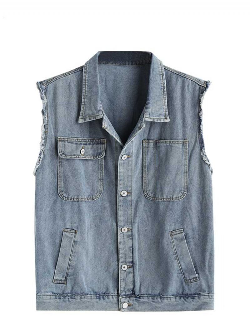 Men Tooling Jean Vest Streetwear Ärmlös Cargo Väst Solid Turn-down Krage Jacka Gilet Jeansväst Med Fickor - Blå