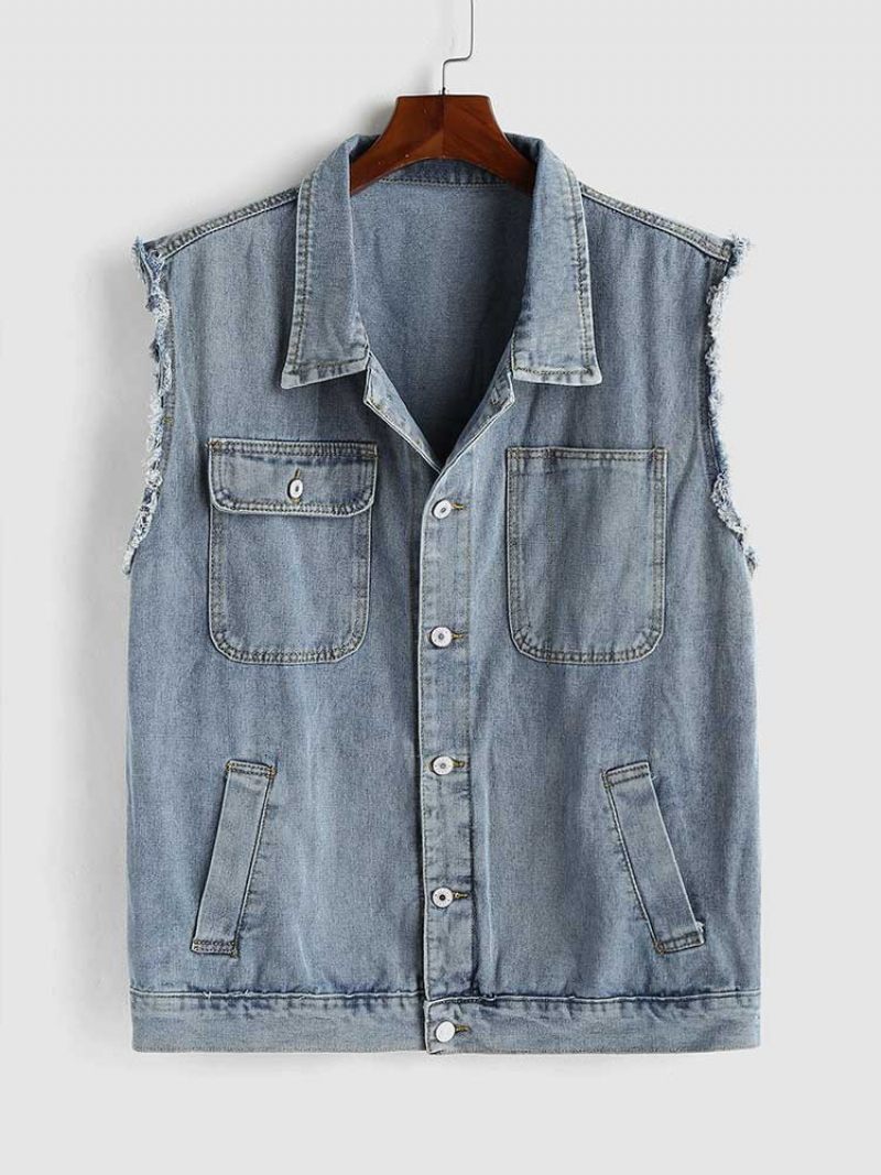 Men Tooling Jean Vest Streetwear Ärmlös Cargo Väst Solid Turn-down Krage Jacka Gilet Jeansväst Med Fickor - Blå