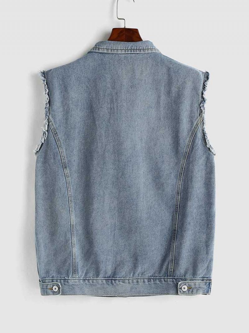 Men Tooling Jean Vest Streetwear Ärmlös Cargo Väst Solid Turn-down Krage Jacka Gilet Jeansväst Med Fickor - Blå