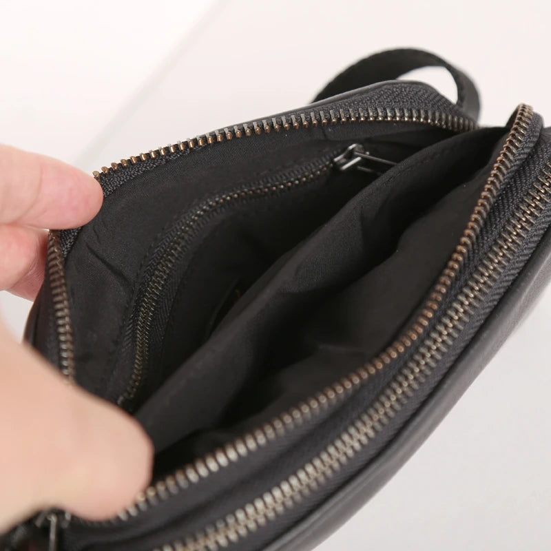 Midjepaket Herr Bröstväskor I Äkta Läder Topp Handgjord Small Messenger Crossbody Bag Mini Travel - Svart