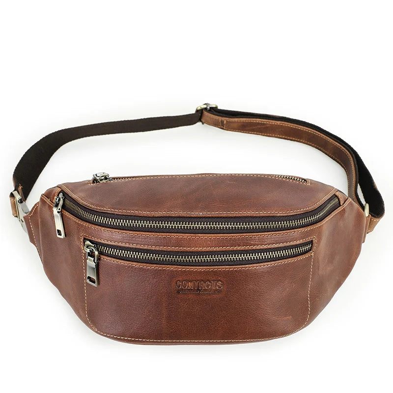 Midjeväska För Män Äkta Läder Bältesväska Resor Fanny Pack Casual Crossbody Bröstväskor Handväska - Brun