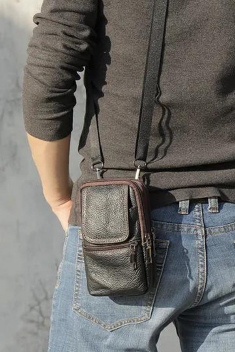 Mini Midjeväska I Äkta Läder För Män För Män Crossbody - Lätt Kaffe