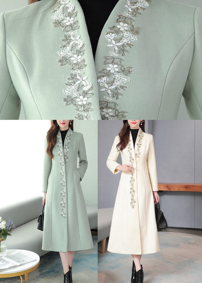 Mintgrön Broderad Blommig Ull Maxi Trenchcoat Långärmad - Mintgrön