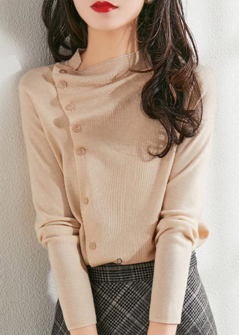 Mode Beige Asymmetrisk Skrynklig Button Ull Stickad Pullover Spring