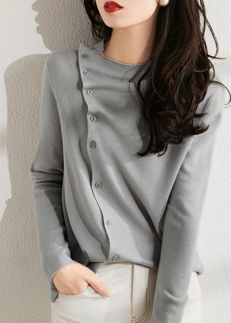 Mode Beige Asymmetrisk Skrynklig Button Ull Stickad Pullover Spring - Ullrockar för kvinnor