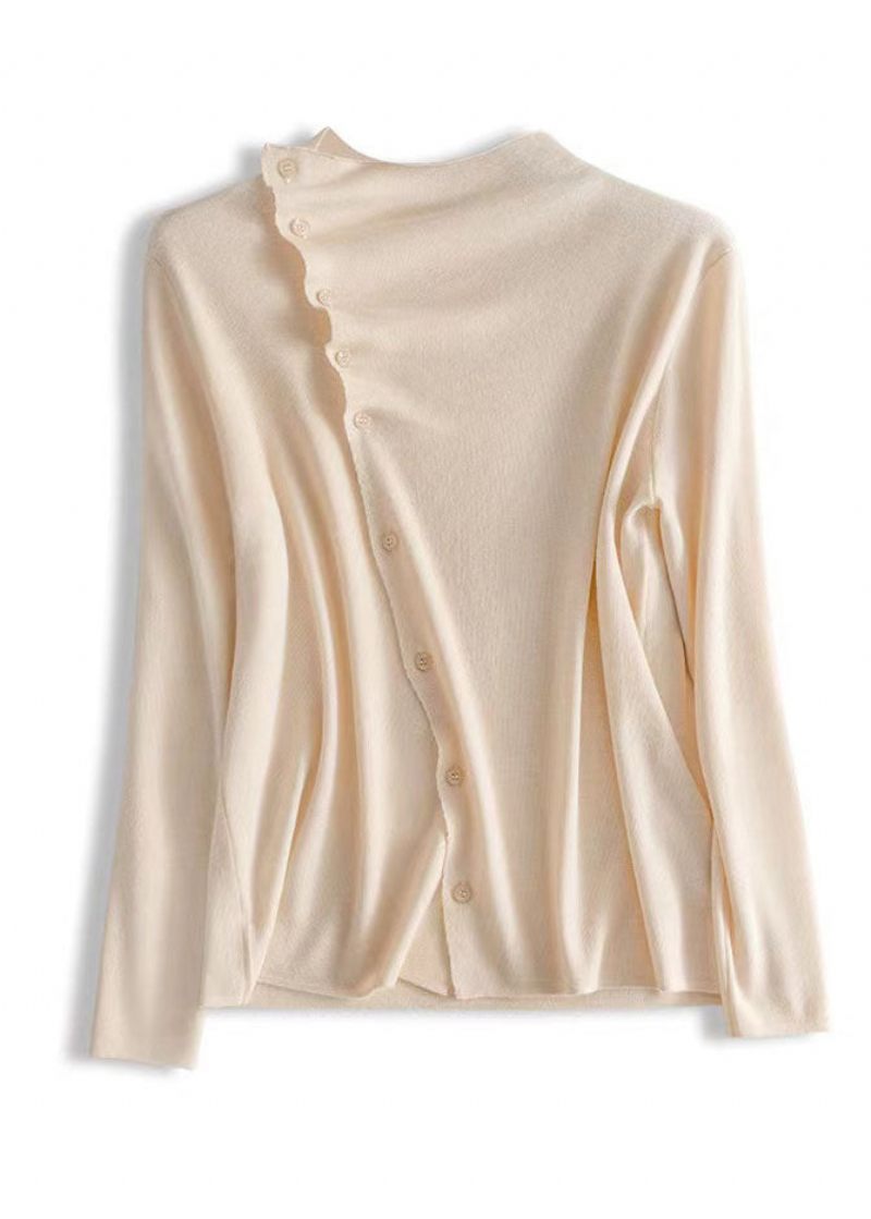 Mode Beige Asymmetrisk Skrynklig Button Ull Stickad Pullover Spring - Ullrockar för kvinnor