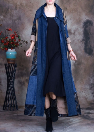 Mode Blå Knyt Midja Peter Pan Krage Patchwork Bomull Denim Trench Spring