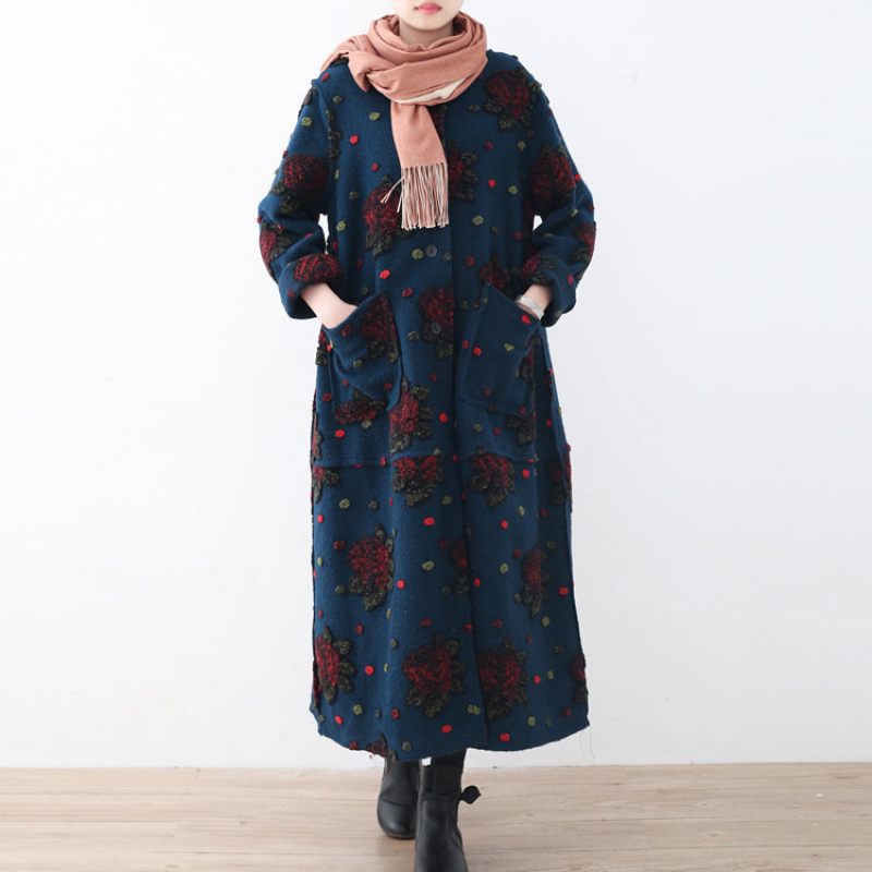 Mode Blå Lång Kappa Plussize Cardigans Elegant Jacquard Blommig