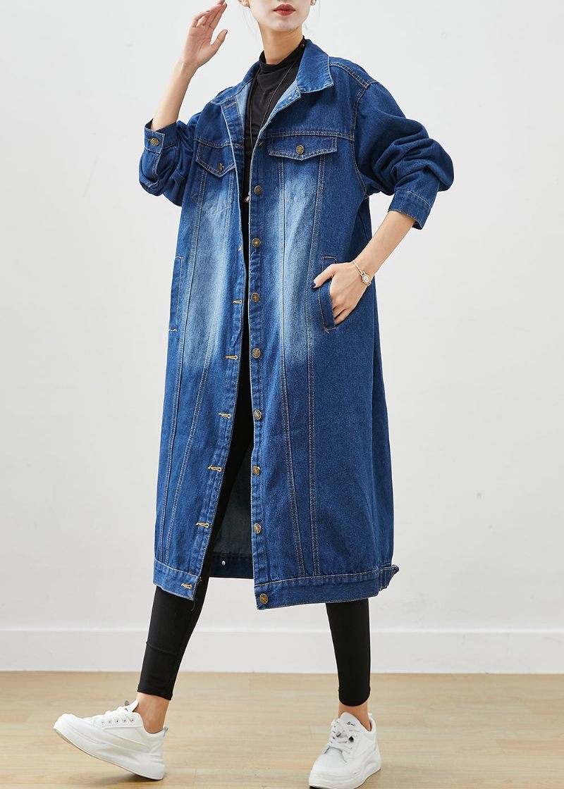 Mode Blå Oversized Button Down Denim Trench Fall