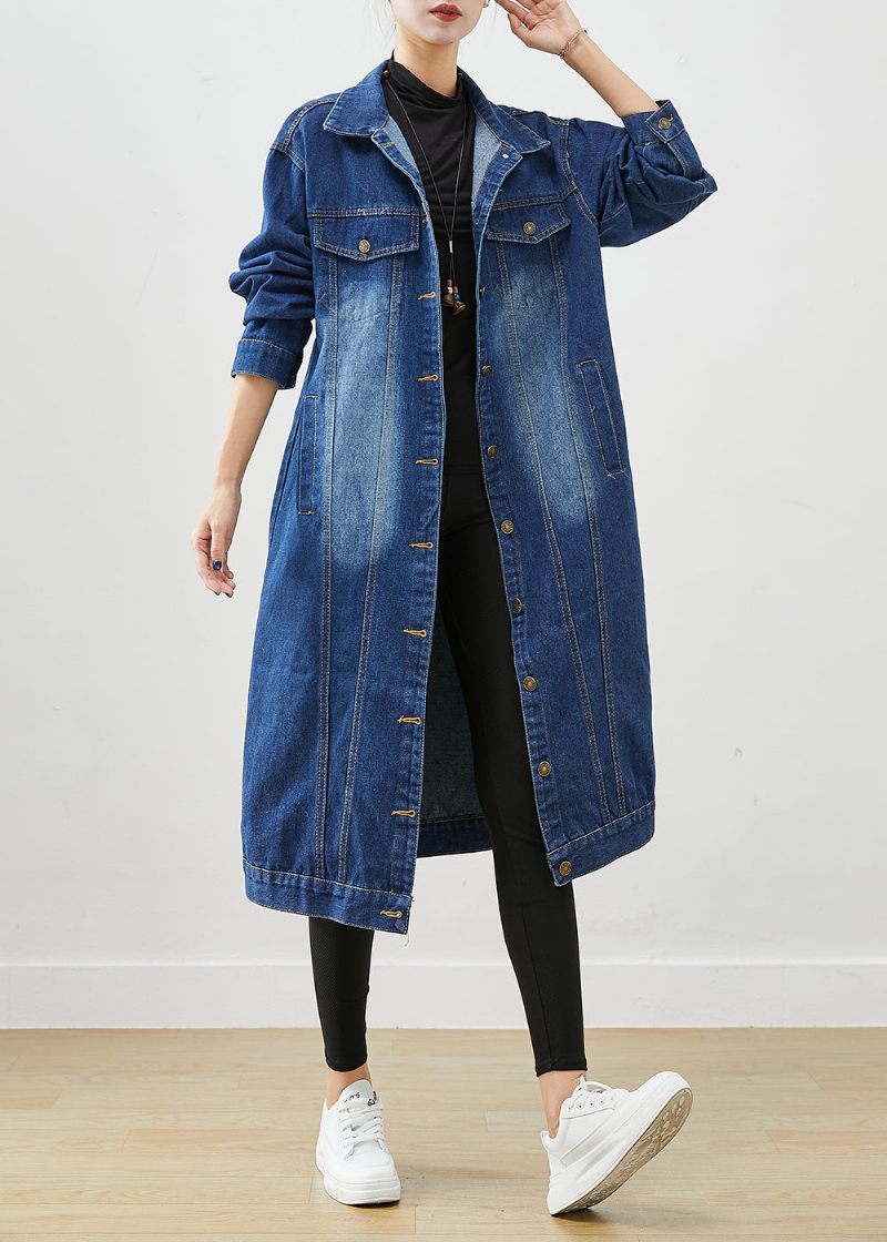 Mode Blå Oversized Button Down Denim Trench Fall - Trenchcoats för kvinnor