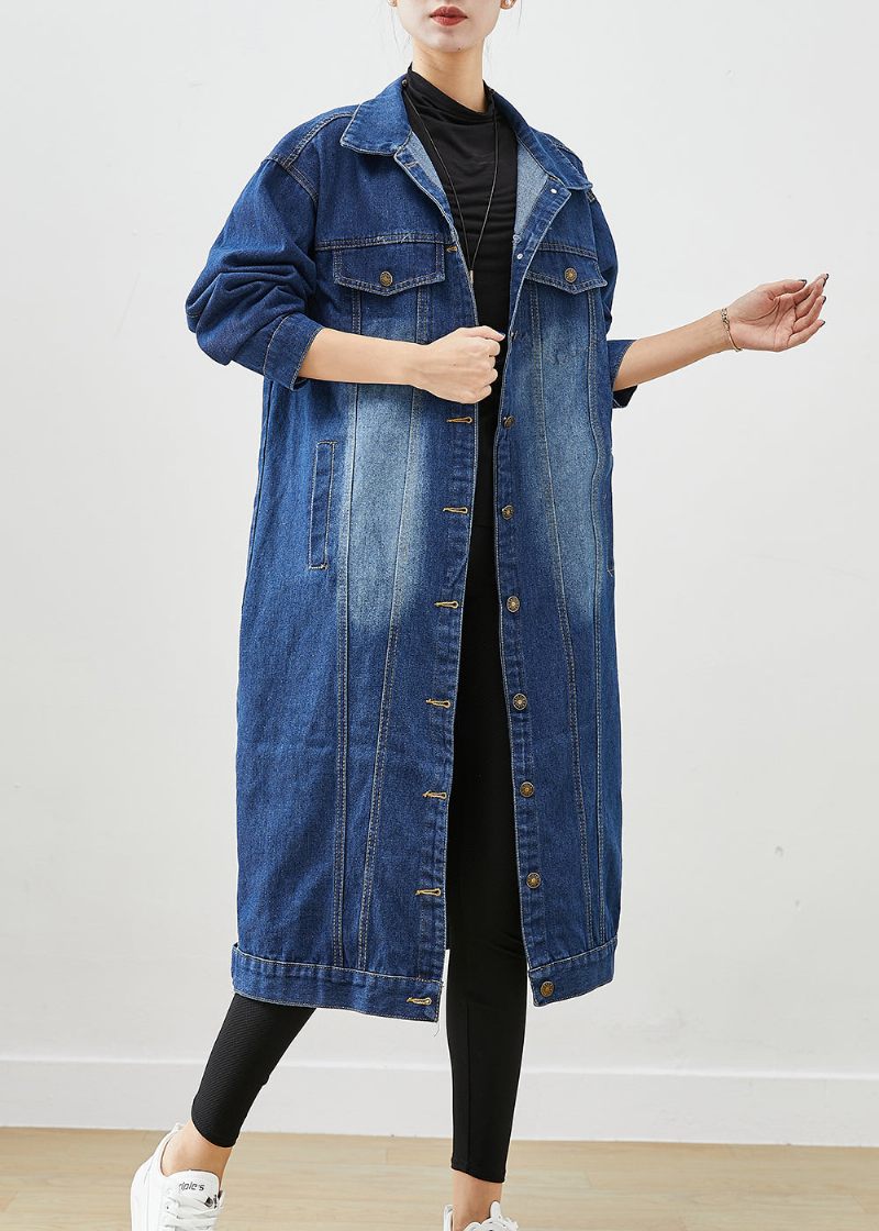 Mode Blå Oversized Button Down Denim Trench Fall - Trenchcoats för kvinnor