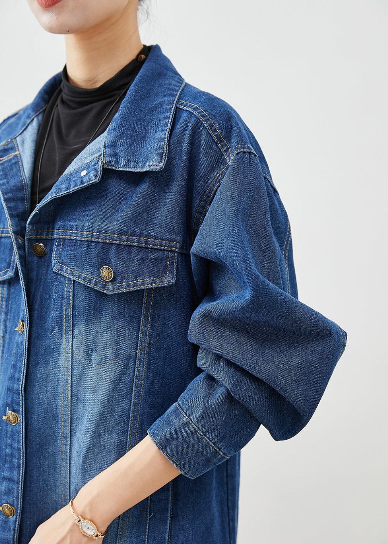 Mode Blå Oversized Button Down Denim Trench Fall - Trenchcoats för kvinnor