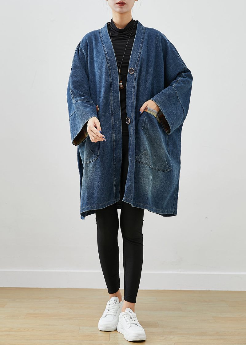 Mode Blå Oversized Patchwork Jeansjackor Höst - Trenchcoats för kvinnor