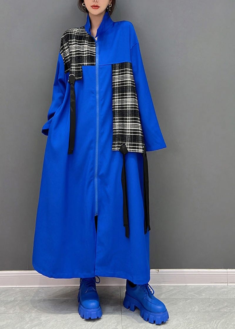 Mode Blå Peter Pan Krage Dragkedja Patchwork Tofs Maxi Coat Spring