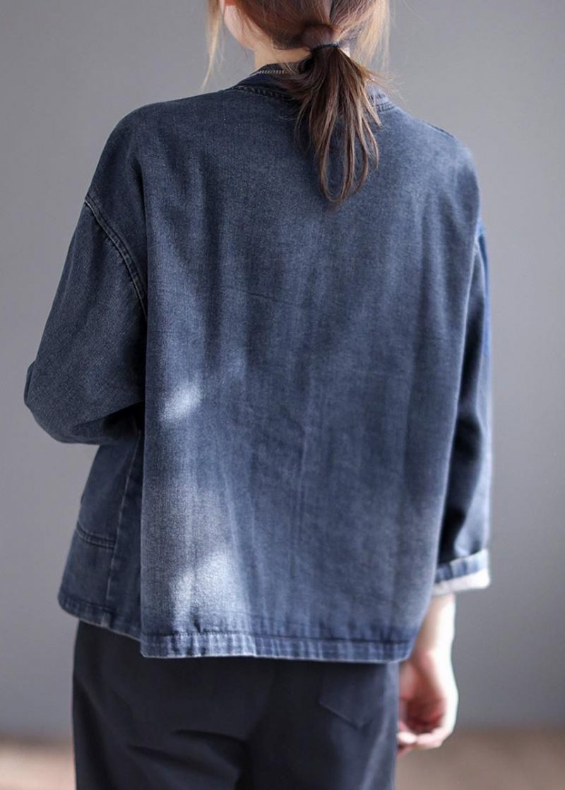 Mode Blå V-hals Broderade Patchwork Knappfickor Bomull Jeansjacka Långärmad - Vinterkappor för kvinnor