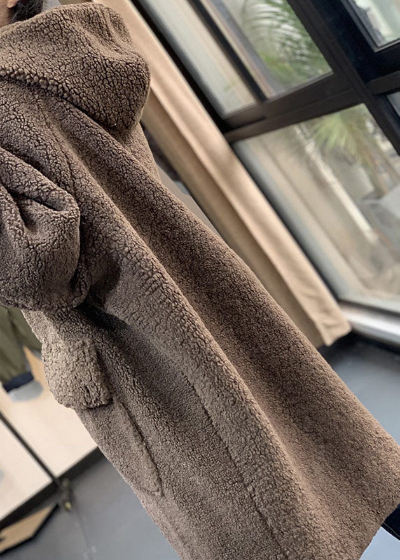 Mode Choklad Hooded Oversized Teddy Fuskpäls Långa Kappor Vinter - Kaffe