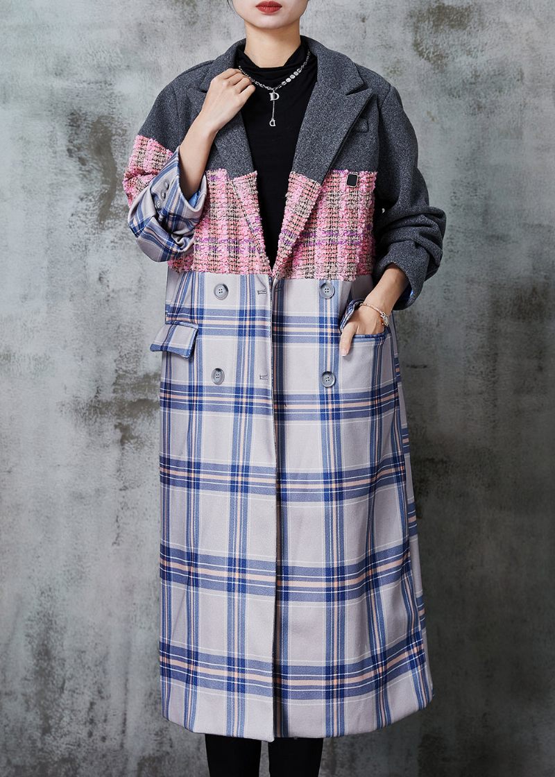 Mode Colorblock Oversized Patchwork Woolen Trench Fall - Ullrockar för kvinnor